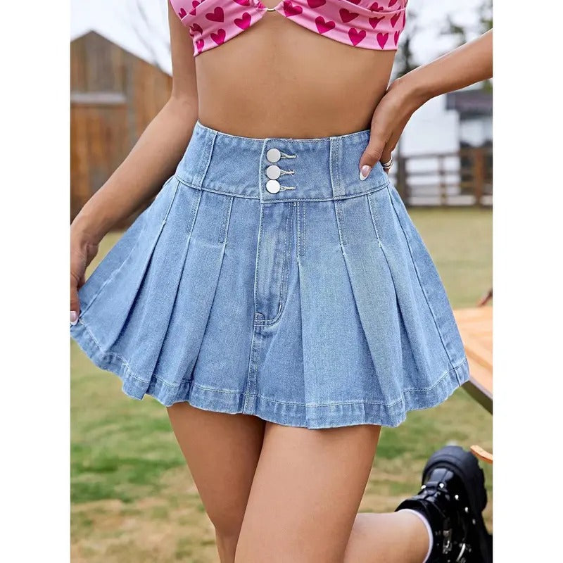 Buttoned High Waist A Line Pleated Denim Mini SkirtY2K