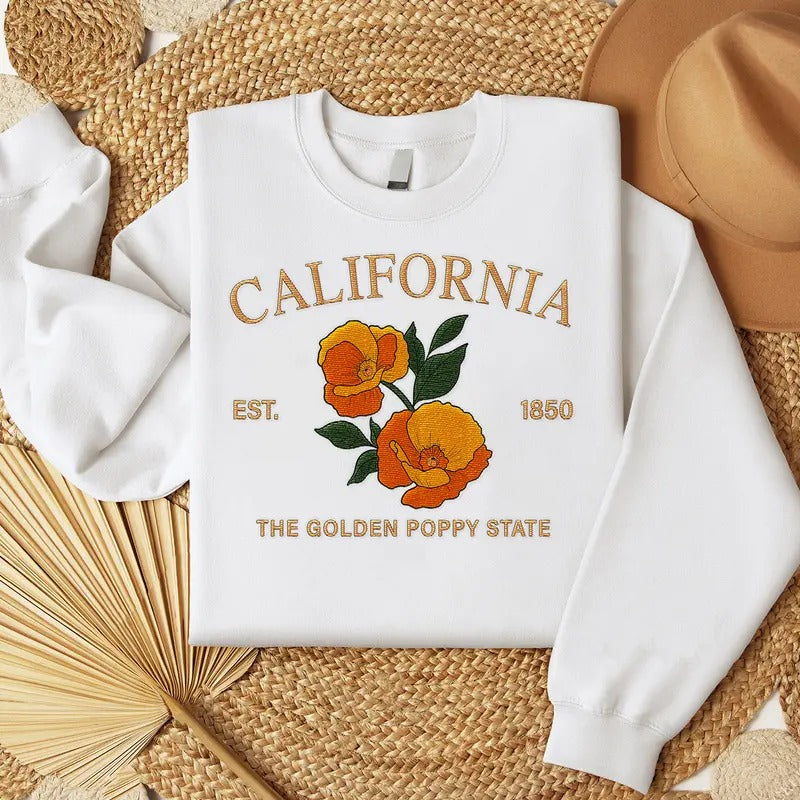 California Golden Poppy Embroidered State Flower Sweatshirt, Hometown Embroidered Shirt, Favorite Flower Embroidered Shirt