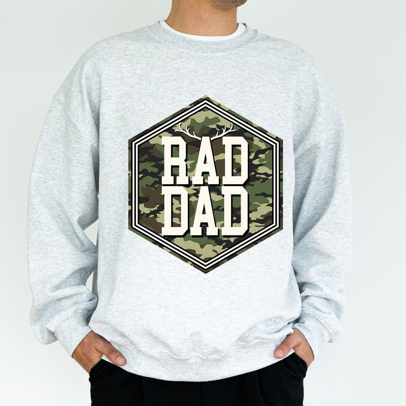 Camo Hunting Rad Dad Sweatshirt, Camouflage Daddy Crewneck, Cool Dad Club Sweater, Dad Life Hunter Tops, Dada Daddy Papa Pullover, Classic Menswear