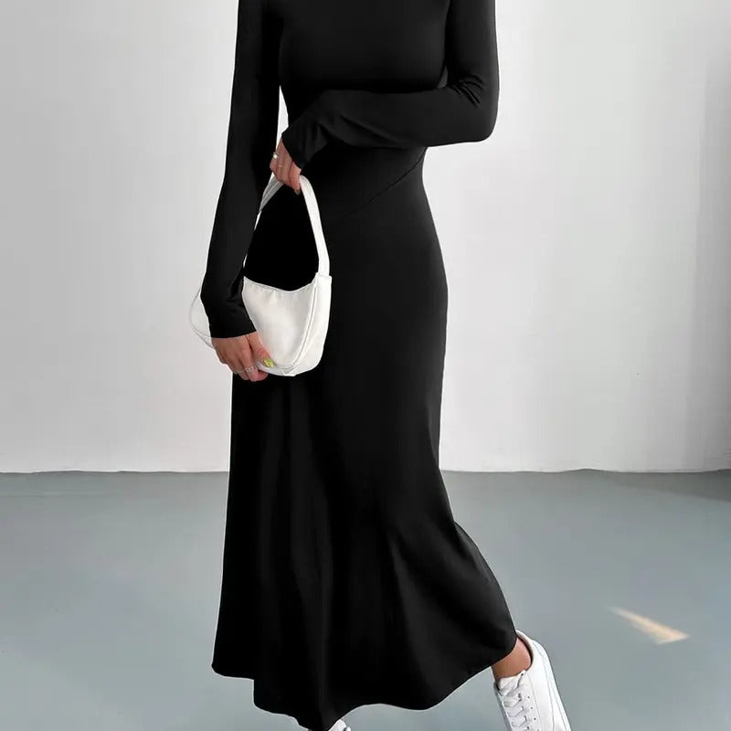 Casual Long Sleeve Round Neck Solid A Line Long Maxi DressY2K