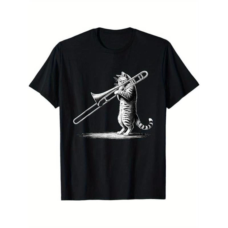 Cat Playing Trombone Player Trombonist Instrument T-Shirt, 100% Cotton, Gifts for Men Dad Husband Grandpa, S-XXXL, Black  made in usa
