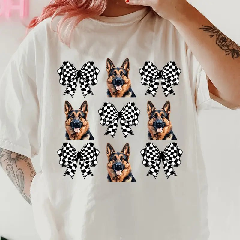 Checkered Bows & German Shepherd's Shirt ~ Unisex Apparel Relaxed Fit Printed In The USA Clothing Womenswear Casual Comfort Cotton