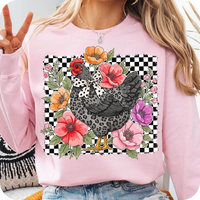Checkered WildFlower Chicken Crewneck Sweater, Chicken Lover Tee, Cute Country Floral Hen Gift, Farm Animal Tee