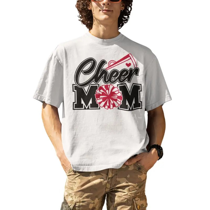Cheer Mom Biggest Fan Print Black And Red Pom Pom T-Shirt
