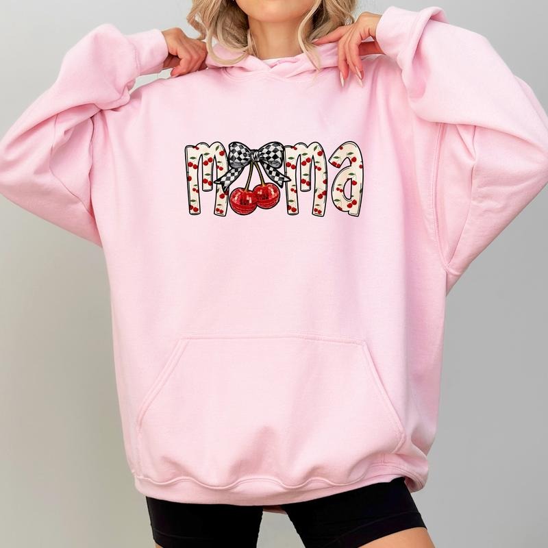 Cherry Bow Coquette Mama Hoodie, Coquette Cherry  Mama Graphic Hoodies, Checkered Bow Cherries Mom Hoodie, Gift For Mom, Mother's Day Gifts
