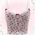 Cherry Print V Neck Summer Cami Top Bow Lace Trim Sleeveless Summer Crop Tops