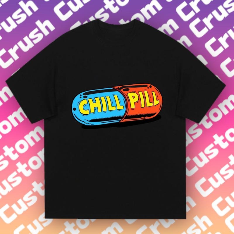 Chill Pill Tri-Color Tee |   Gradient Purple-Pink Backdrop |   WFH Trendy Casual Wear
