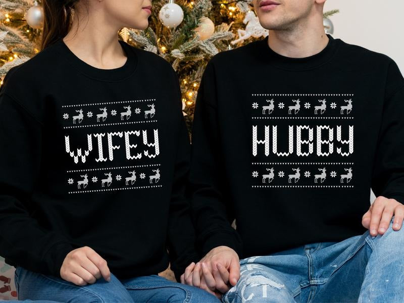 Christmas Couple Sweatshirt, Hubby And Wifey Hoodie For Christmas, Matching Newlywed Sweater, Christmas Wedding Gift Sweater, Husband Wife Winter Holiday Outfit.