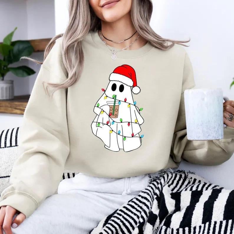 Christmas Ghost Sweatshirt, Christmas Hoodie, Ghost Hoodie, Christmas gift, Coffee Sweatshirt, Boba Ghost Hoodie, Winter Holiday gift