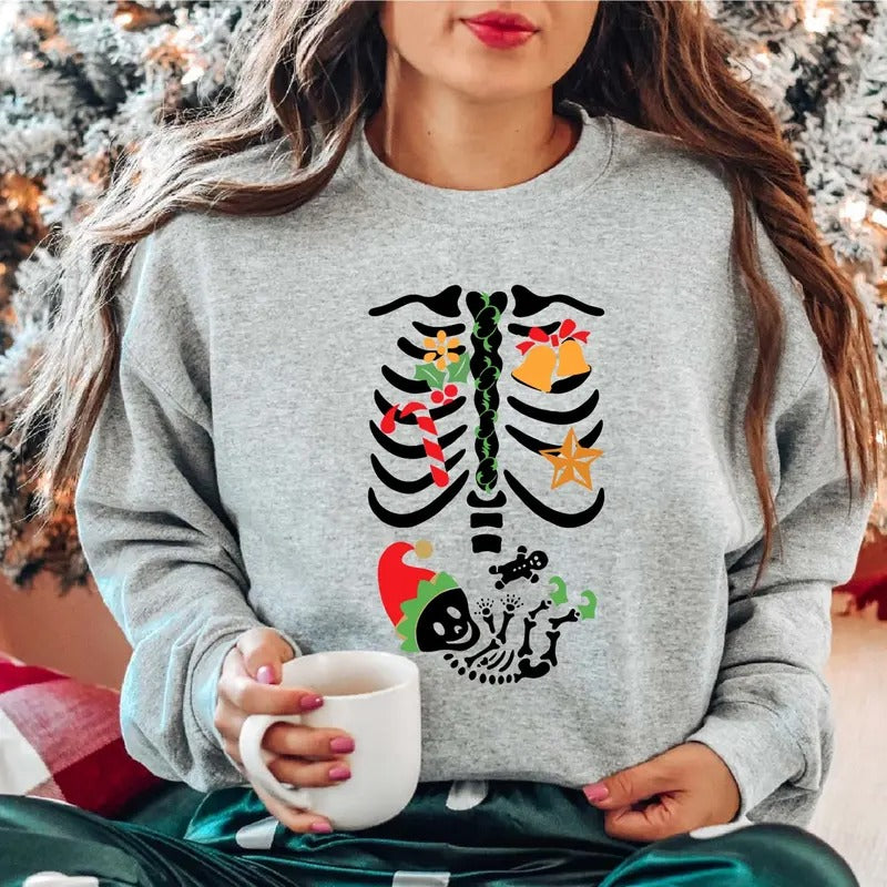 Christmas Pregnant Skeleton Sweatshirt, Pregnancy Announcement Sweater, New Mom To Be Gift Hoodie, Christmas Party Pregnant Wife Outfit.