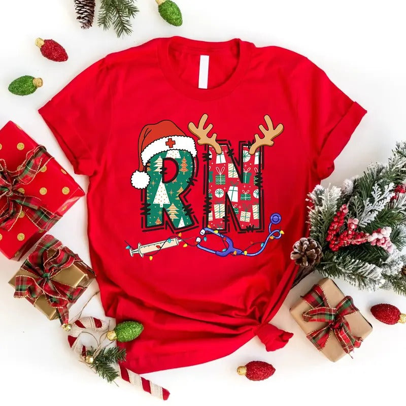 Christmas Registered Nurse T-shirt, Christmas Squad Shirt, Xmas RN Tee, Christmas Gift for Nurse Cotton Fabric