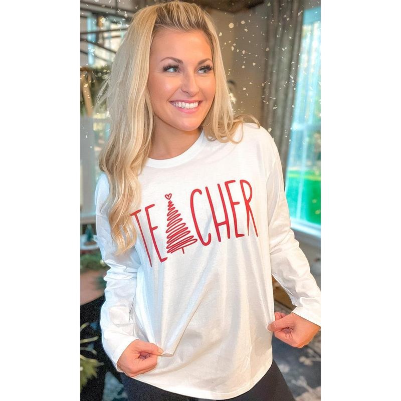 Christmas Teacher Tree Graphic Boyfriend Long Sleeve T-Shirt