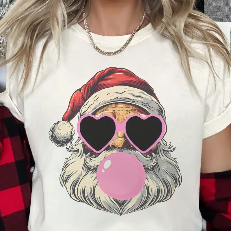 Christmas Tee Santa Christmas Tshirts Bubblegum Santa Christmas T-shirt Funny Santa Sunglasses Top Womens Christmas Tees Bubblegum Santa Tees