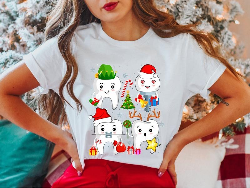 Christmas Teeth T-Shirt, Funny Christmas Dentist Shirt, Christmas Dental Squad Tee, Xmas Dentist Student Gifts Tee,...