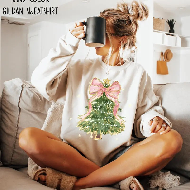 Christmas Tree Bow Shirt, Christmas Sweatshirt T-shirt Hoodie for Women, Christmas Tree Tshirt, Christmas Coquette Christmas Shirt