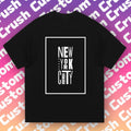 NYC Fanatic! 'New York City' Gradient Tee |   Minimalist White Text & Purple-Pink-Orange Clash |   Urban Chic essential for Streetwear/Date/Commute