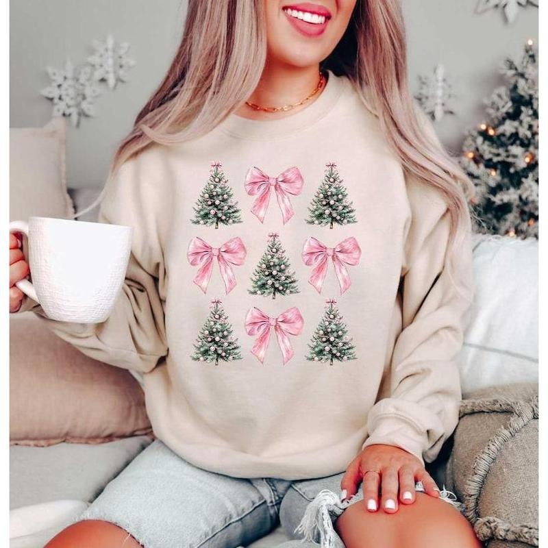 Coquette Bow Christmas Sweatshirt, Hoodie, T - Shirt, Christmas Tree Shirt, Christmas Sweatshirt, Girly Christmas Sweater, Coquette Bow Sweater