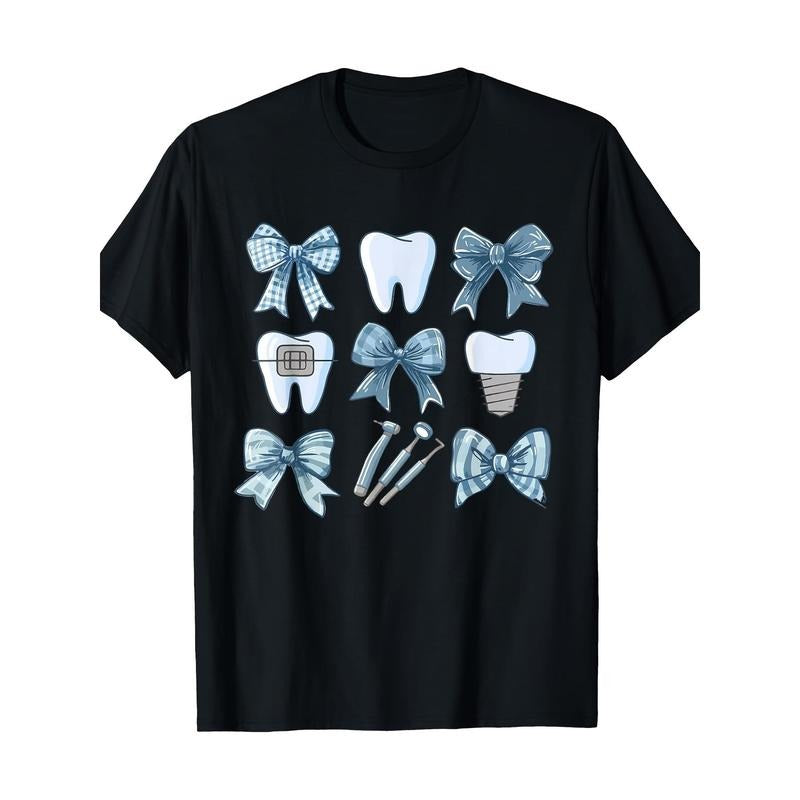 Coquette Bow Cute Teeth Dentist Squad Dental Assistant T-Shirt Made in USA