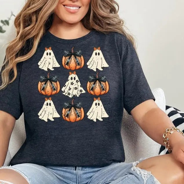Coquette Halloween Shirt, Cute Halloween Pumpkin Shirt, Pink Pumpkin Shirt, Pumpkin Coquette Bow Shirt, Coquette Ghost Shirt Top Womenswear