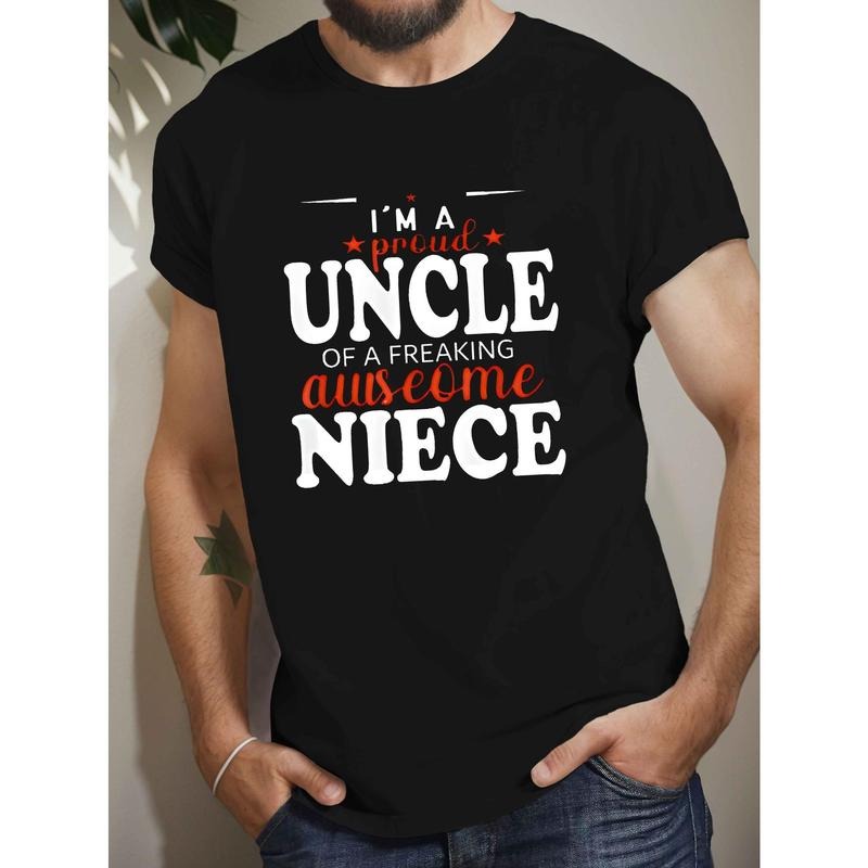 [Cotton Crew Neck Tee] Geometric Pattern Cotton Crew Neck T-Shirt - Men's Casual Regular Fit for Summer - "Proud Uncle of a Freaking Awesome Niece" Print Made in USA