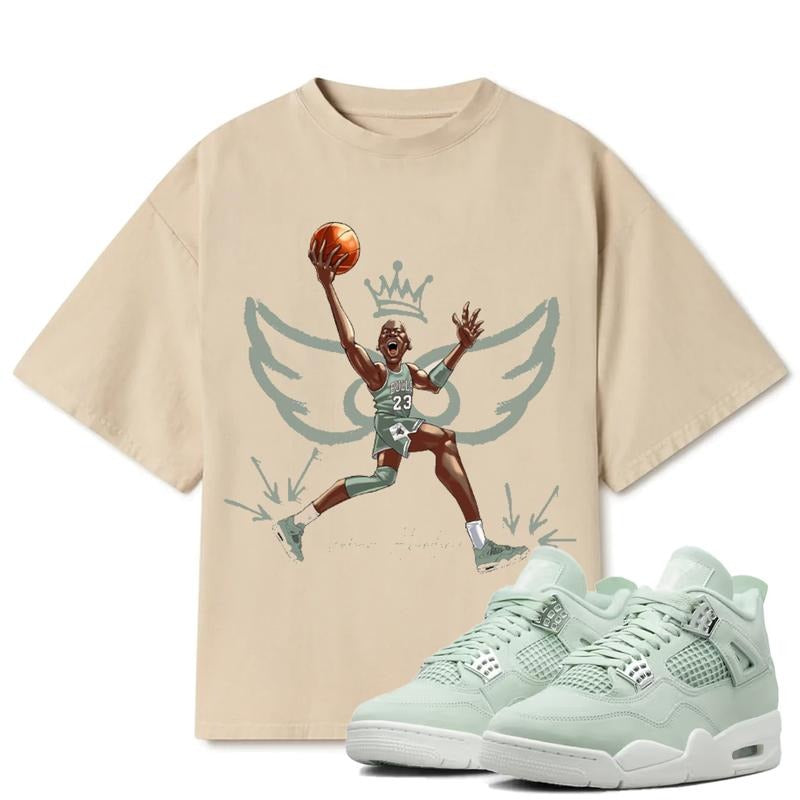 Crown Culture Caricature Graffiti Match 4s Seafoam Outfits Sneakers, Unisex Y2K Cotton T-shirt, Fitted Graphic Tee with Streetwear Influence