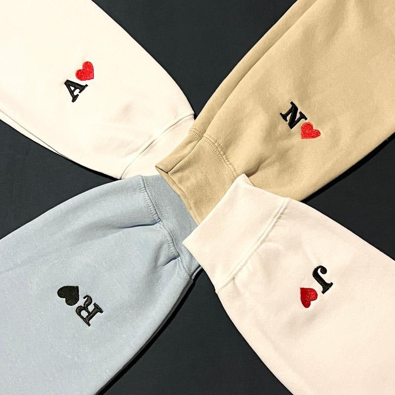 Custom Embroidered Initial Heart Sweatshirt, Personalized Couples Hoodie, Valentines Couple Initials, Matching Sleeve Initial Hoodie