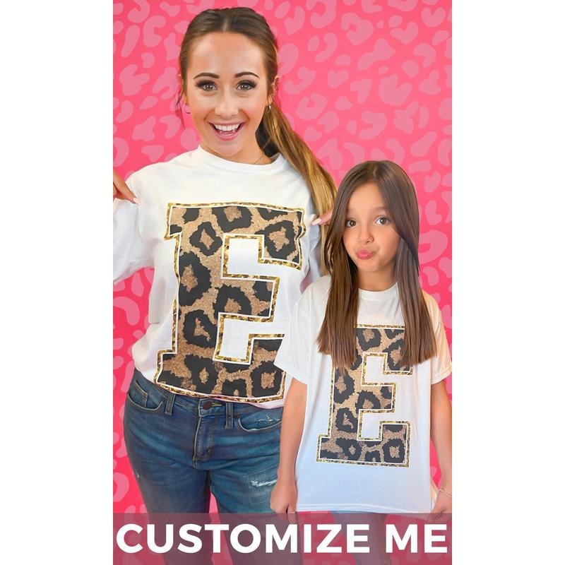 Custom Leopard Glitter Initial Graphic T-Shirt