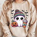 Cute Bougie Halloween Ghost with Coffee. Casual Everyday Softstyle Halloween Unisex Pullover Crewneck Sweatshirt.