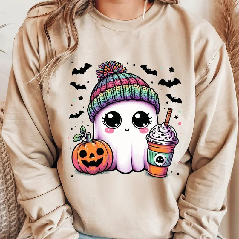 Cute Bougie Halloween Ghost with Coffee. Casual Everyday Softstyle Halloween Unisex Pullover Crewneck Sweatshirt.