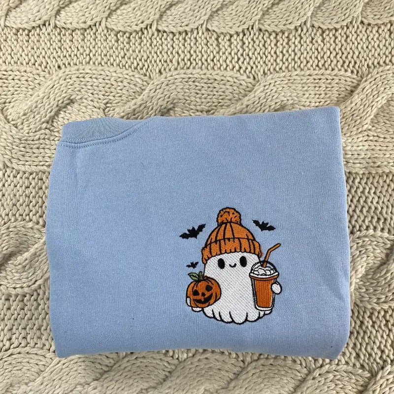 Cute Embroidered Ghost Ice Coffee Sweatshirt - Embroidered Halloween Sweatshirt - Coffee Lover