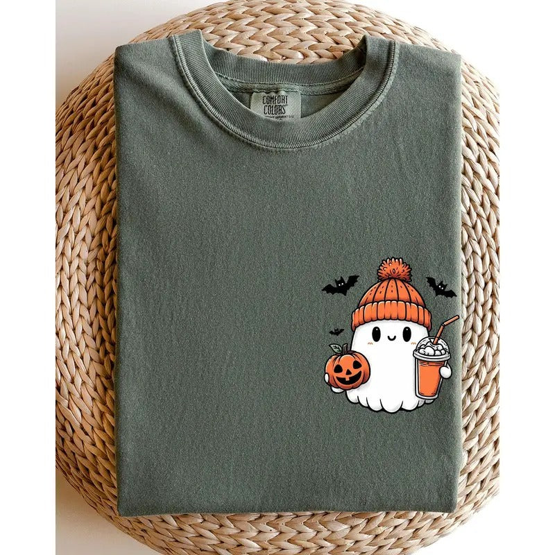 Cute Orange Ghost, Pocket Print, Halloween, Coffee, Bats Shirt, Women's, Comfort Colors Tee, Spooky, Tshirt, Witch, Pumpkin, Ghost, Skeleton