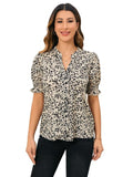 Dalmatian Print Puff Short Sleeve Blouse Notched V Neck Shirt Work Tops