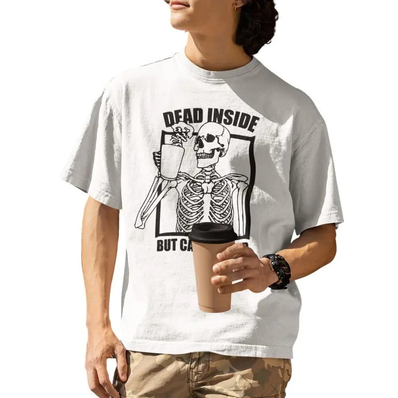 Dead Inside But Caffeinated Skeleton Drinking Coffee Funny T-Shirt