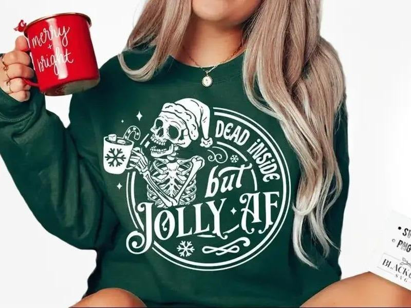 Dead Inside But Jolly AF Sweatshirt, Skeleton Santa Loves Coffee Shirt, Women Trendy Skeleton Santa Christmas Sweaters Cotton Comfort