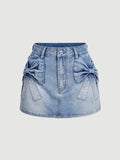 Denim Mini Skirt Bowknot Straight Jean Skirt Summer Cute Mini Skirts Piece Casual