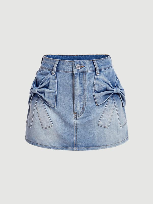 Denim Mini Skirt Bowknot Straight Jean Skirt Summer Cute Mini Skirts Piece Casual