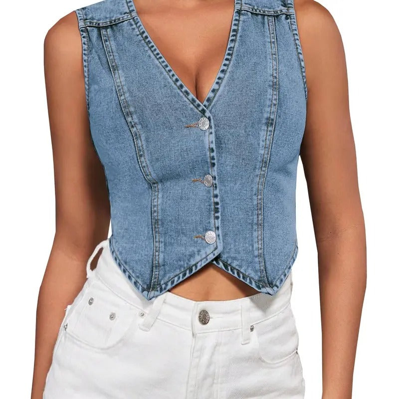 Denim Vest Button Down Sleeveless Jean Vest Top Y2K Cropped Jean Jacket
