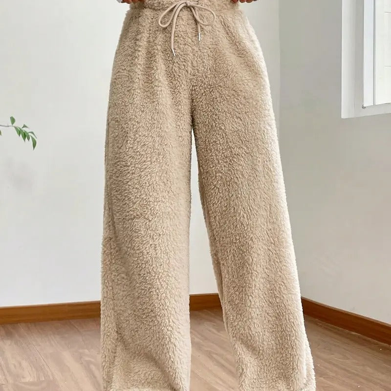 Drawstring Waist Teddy Wide Leg Pants Loose Fuzzy Pants Casual Trousers