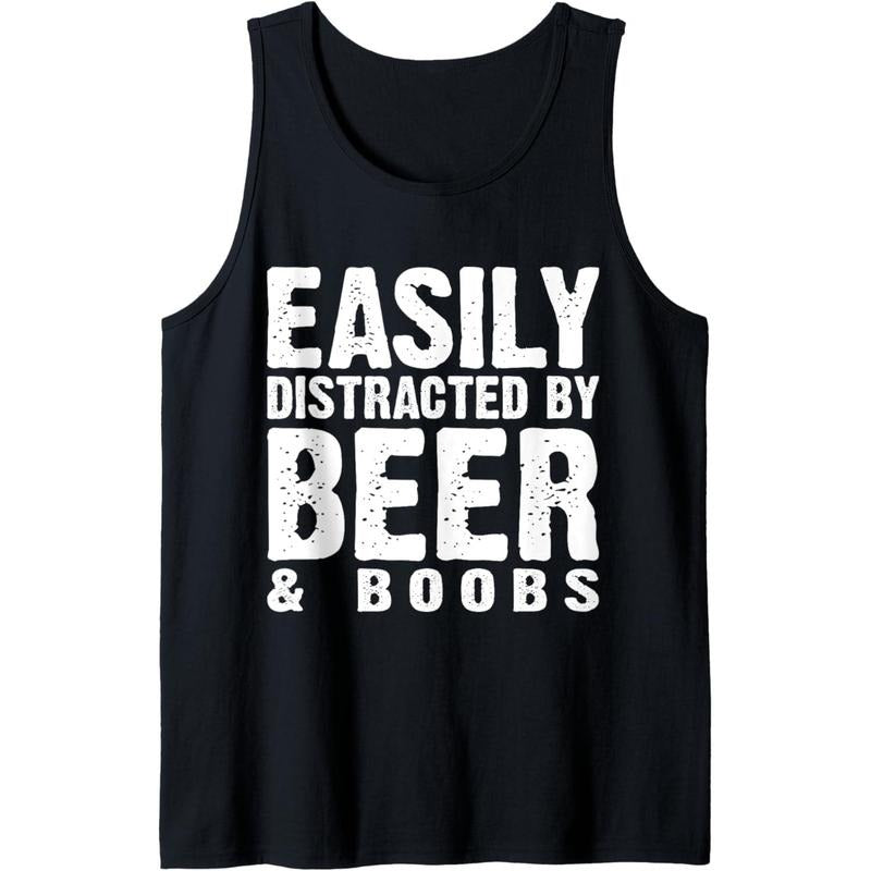Easily Distracted by Beer & Boobs Funny Adult Humorous Tank Top made in usa