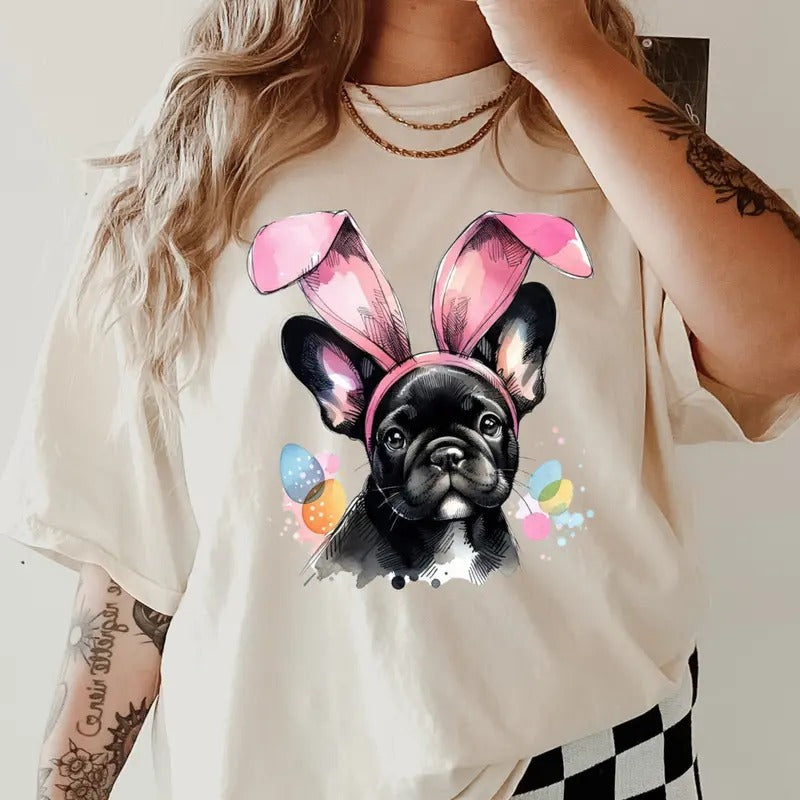 Easter Black French Bulldog Shirt ~ Relaxed Fit Printed USA Womenswear Casual Comfort Cotton Top Athletic Boho Chic T-Shirts, Hoodie, Sweatshirt