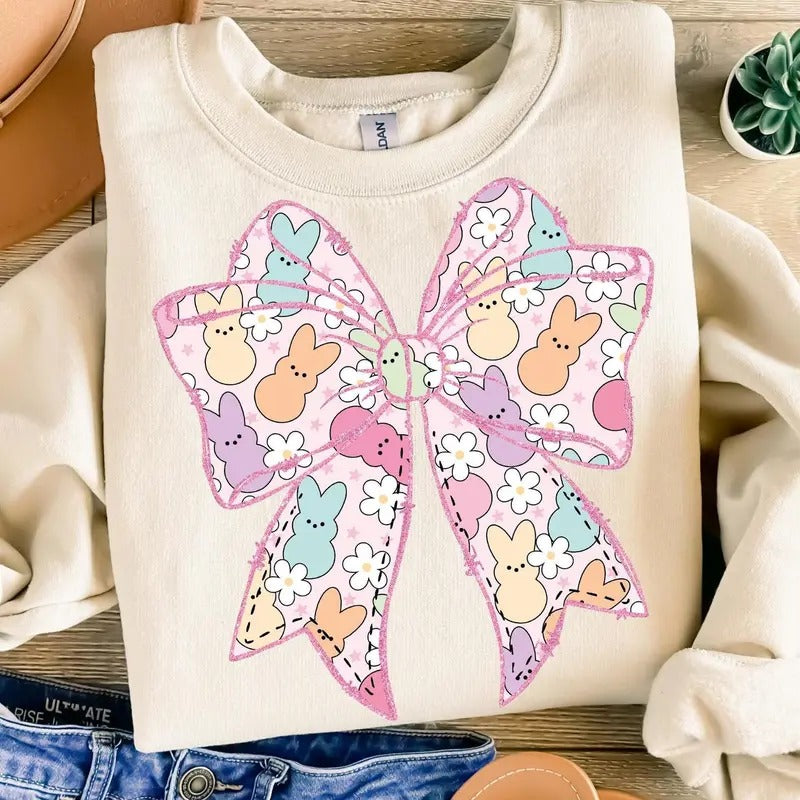 Easter Coquette Bow Sweatshirt, Cute Coquette Peeps Sweatshirt, Easter Sweatshirt, Happy Easter Sweatshirt, Easter shirt Sweatshirt, Spring Sweatshirt, Glitter bow Shirt