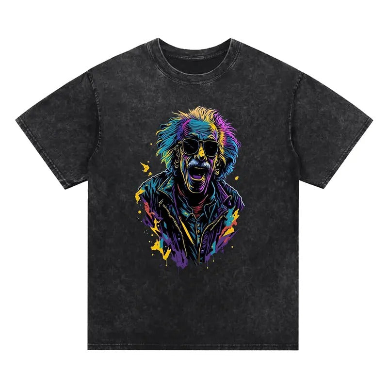 Einstein cool washed T-shirt, Colorful sunglasses, cool and unique, Splash ink embellishment, art flying, Comfortable fabrics, fashionable and responsible, Wear it and share wisdom with trends.