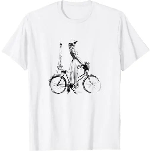 Elegant Paris Vibes: Chic Woman and Eiffel Tower T-Shirt Made in USA