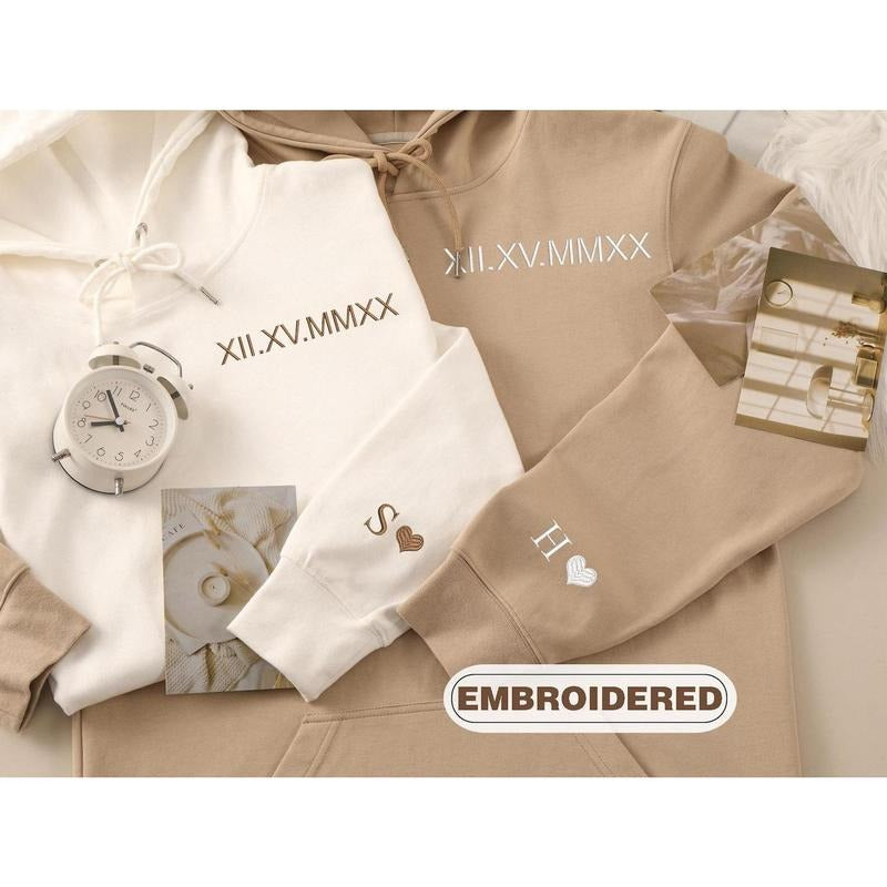 Embroidered Roman Numeral Hoodie,Matching Hoodie,Couple Hoodies gift,Valentine's Day Gifts,Anniversary gift,Initial Hoodie,Engagements gift