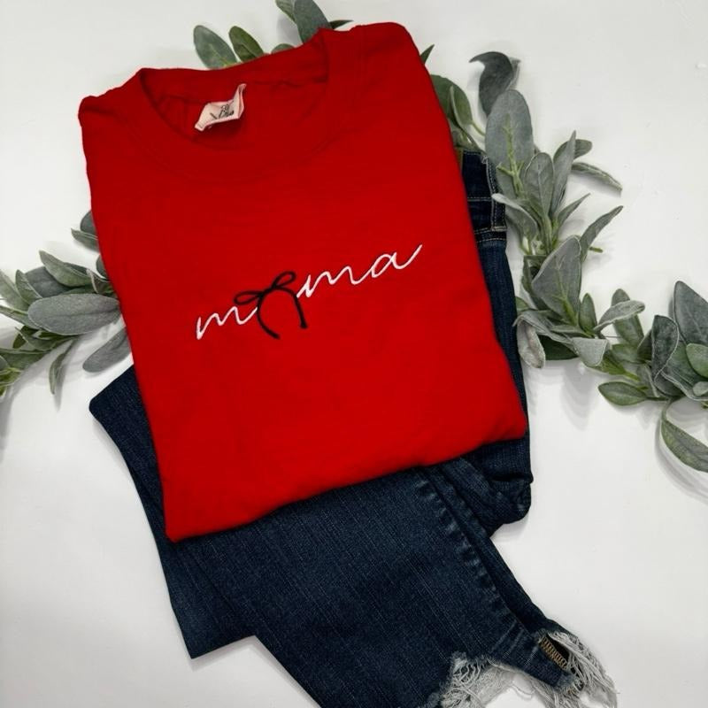 Embroidered mama bow shirt-unisex short sleeve tee