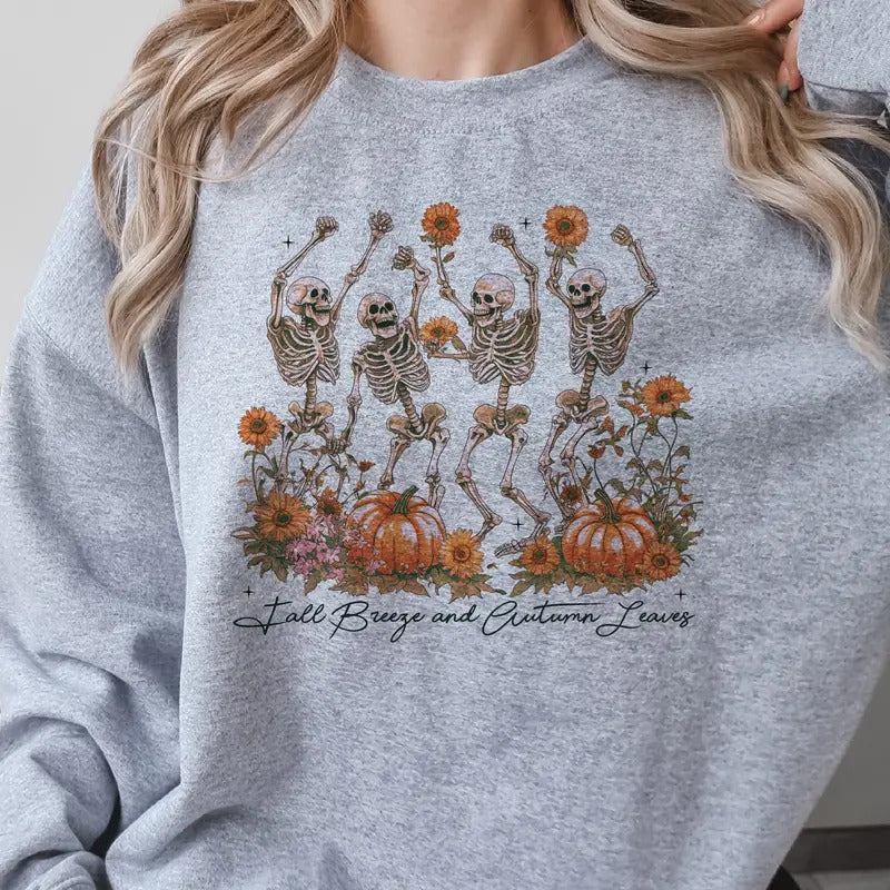 Fall Skeleton Sweatshirt Fall Skeleton Pullover Fall Breeze Dancing Skeleton Hoodie Fall Pumpkin Skull Sweatshirts
