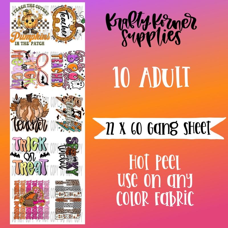 Fall Teacher DTF Transfer Gang Sheet, 22 x 60