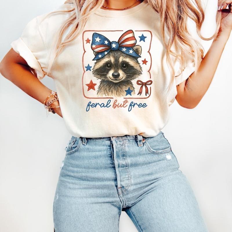 Feral But Free Raccoon Shirt, Funny 4th of July Tee, Patriotic Raccoon Shirt, Independence Day Outfit, Cute Freedom Shirt, USA Raccoon Tee