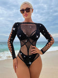 Fishnet Rhinestone Bodysuit Top Cut Out Mesh Teddy Bodysuit
