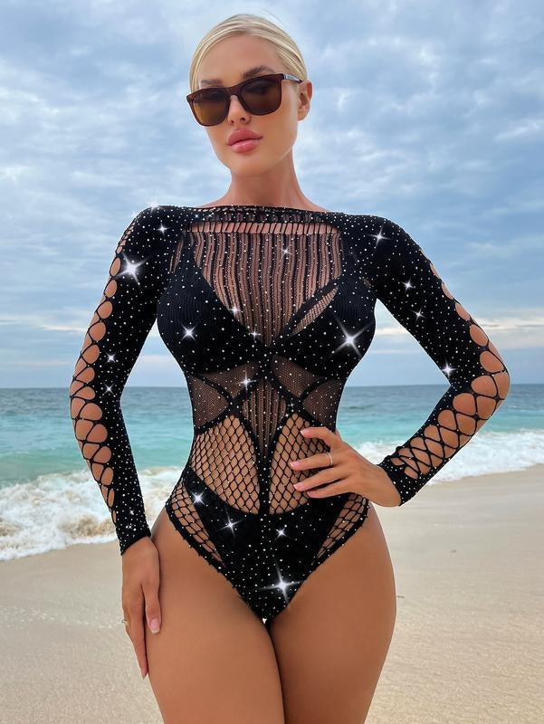 Fishnet Rhinestone Bodysuit Top Cut Out Mesh Teddy Bodysuit